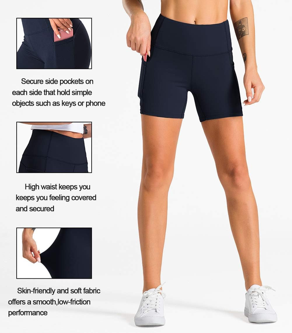 Women'S High Waist Workout Shorts with 2 Side Pockets Stretch Tummy Control Athletic Shorts for Gym Yoga Running